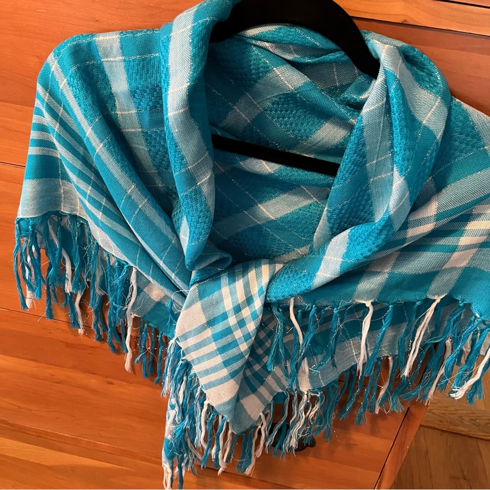 ALDO Square Scarf with Fringe. Aqua Blue, white and Silver Thread.